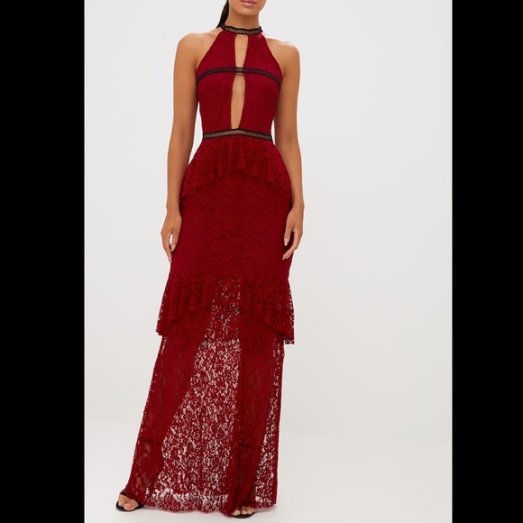 Burgundy Lace Ruffle Detail Plunge Long Dress - Picture 2 of 6